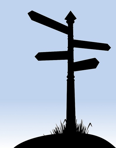 Illustration of a Silhouette of a road sign pointing in four different directions.